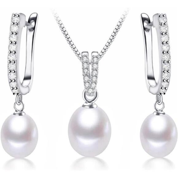 Minimalist Fresh Water Pearl Jewelry Set For with Cubic Zirconia Pendant Set - Picture 1 of 7